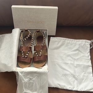 Jimmy Choo brown leather w/ pearls sandals